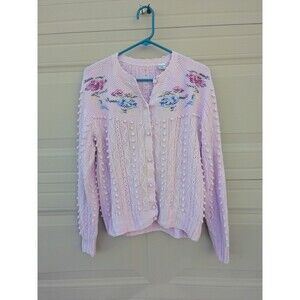 Vintage Floral Needlepoint Bauble Cardigan Sweater Pink Size M Granny Cottage